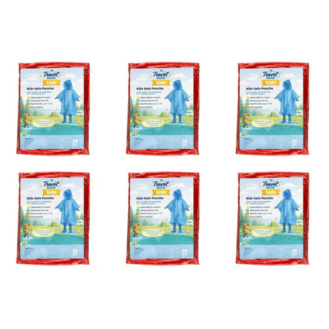 Travel Now Kids Rain Poncho Hooded Ages 4-10 - Random Colour Supplied Pack of 6