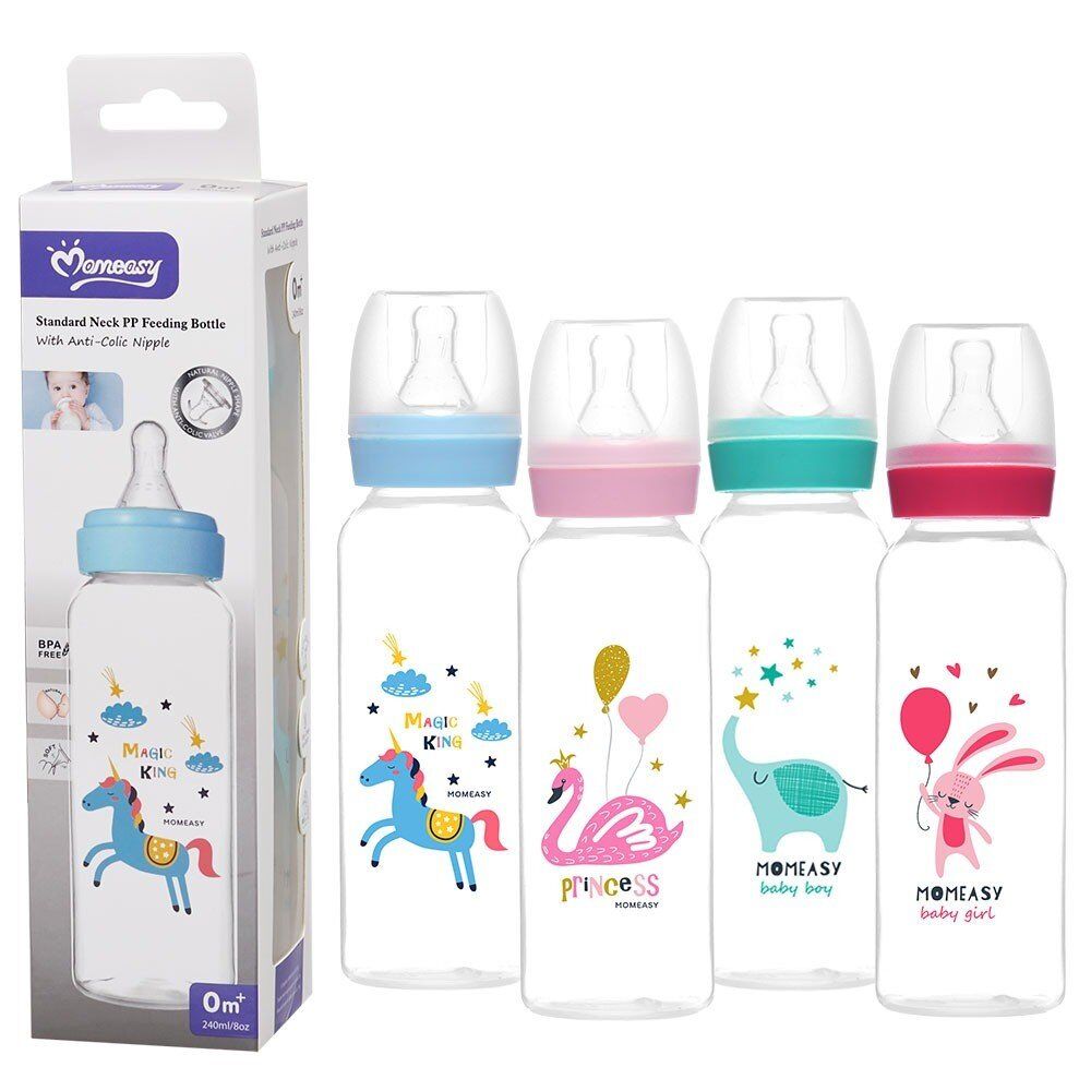 Momeasy Standard Neck Baby Feeding Bottle 240mL Anti-Colic 0m+ - Random Design and Colour Supplied Pack of 4