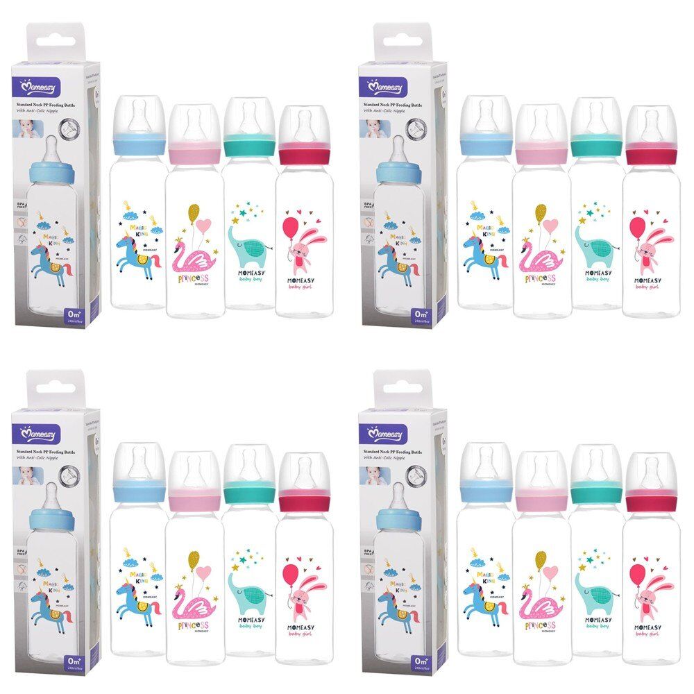 Momeasy Standard Neck Baby Feeding Bottle 240mL Anti-Colic 0m+ - Random Design and Colour Supplied Pack of 4