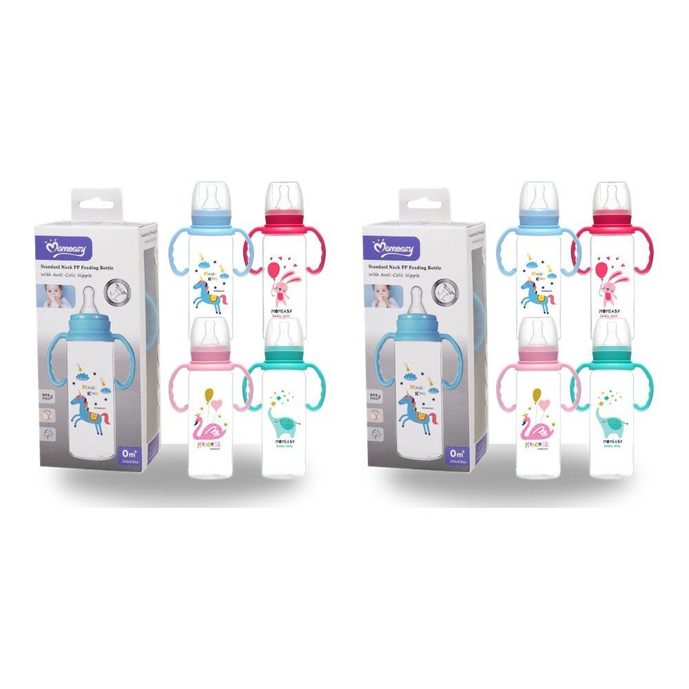 Momeasy Standard Neck Baby Feeding Bottle 240mL with Handles 0m+ - Random Design and Colour Supplied Pack of 2