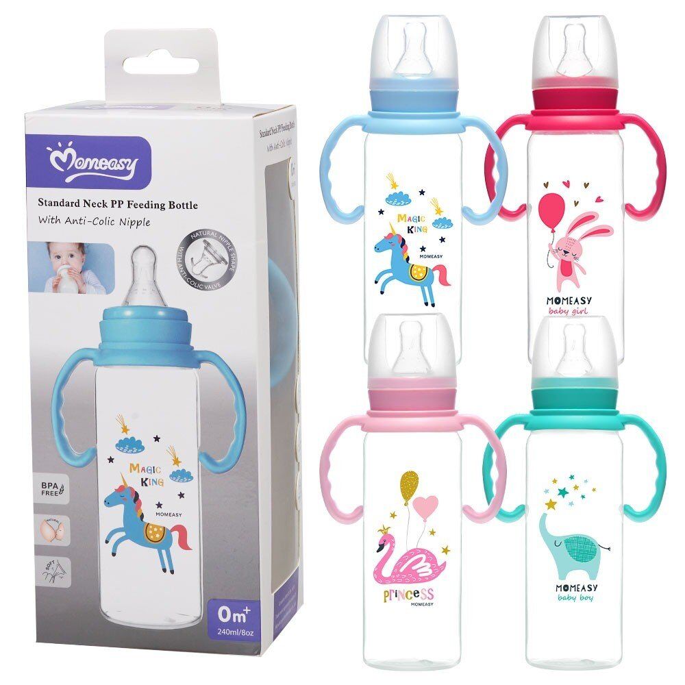Momeasy Standard Neck Baby Feeding Bottle 240mL with Handles 0m+ - Random Design and Colour Supplied Pack of 3