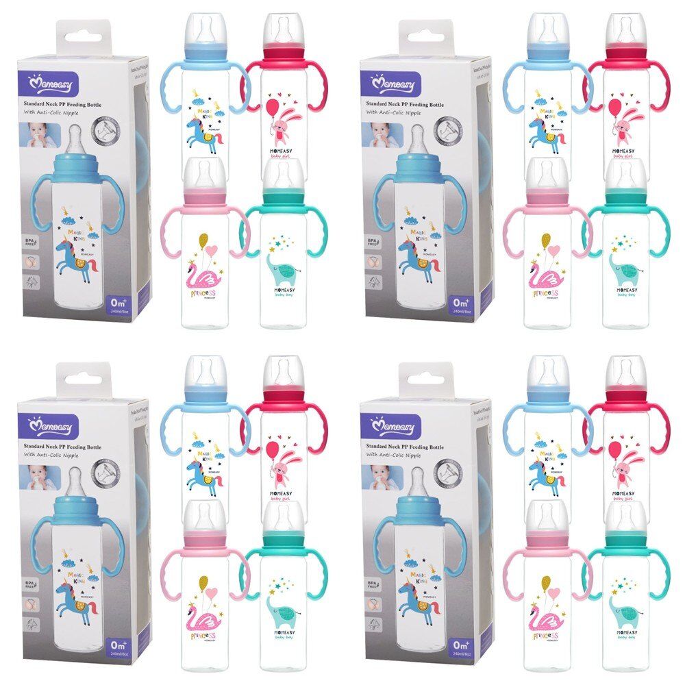 Momeasy Standard Neck Baby Feeding Bottle 240mL with Handles 0m+ - Random Design and Colour Supplied Pack of 4