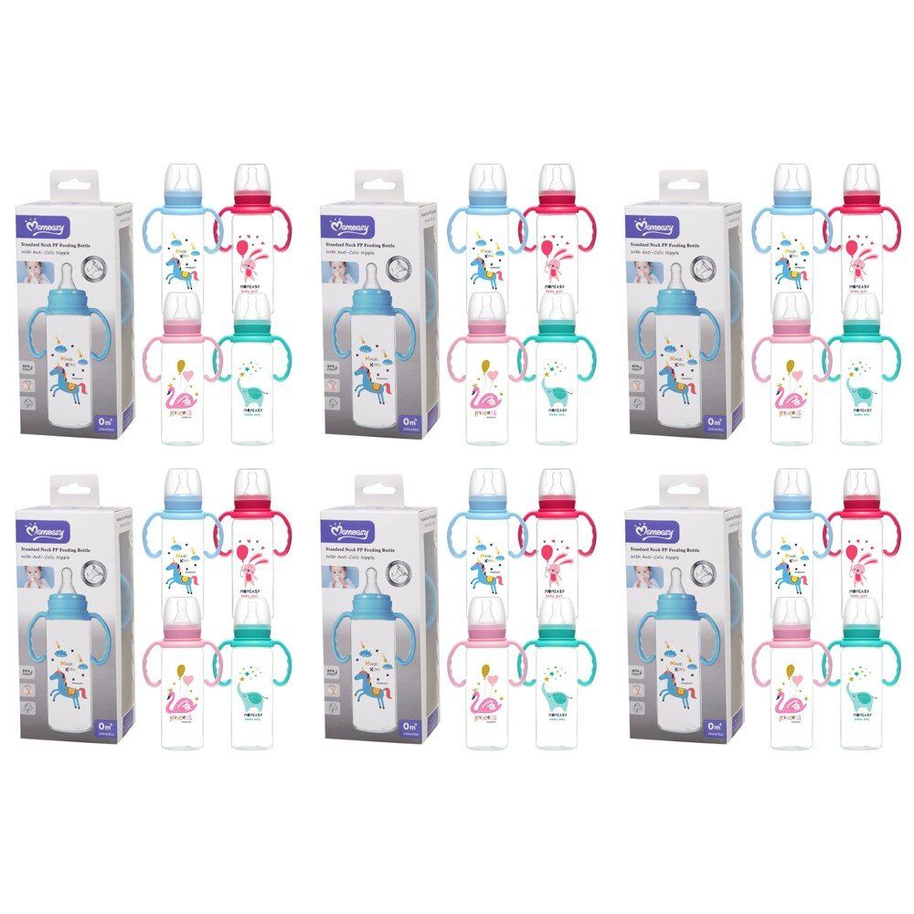 Momeasy Standard Neck Baby Feeding Bottle 240mL with Handles 0m+ - Random Design and Colour Supplied Pack of 6