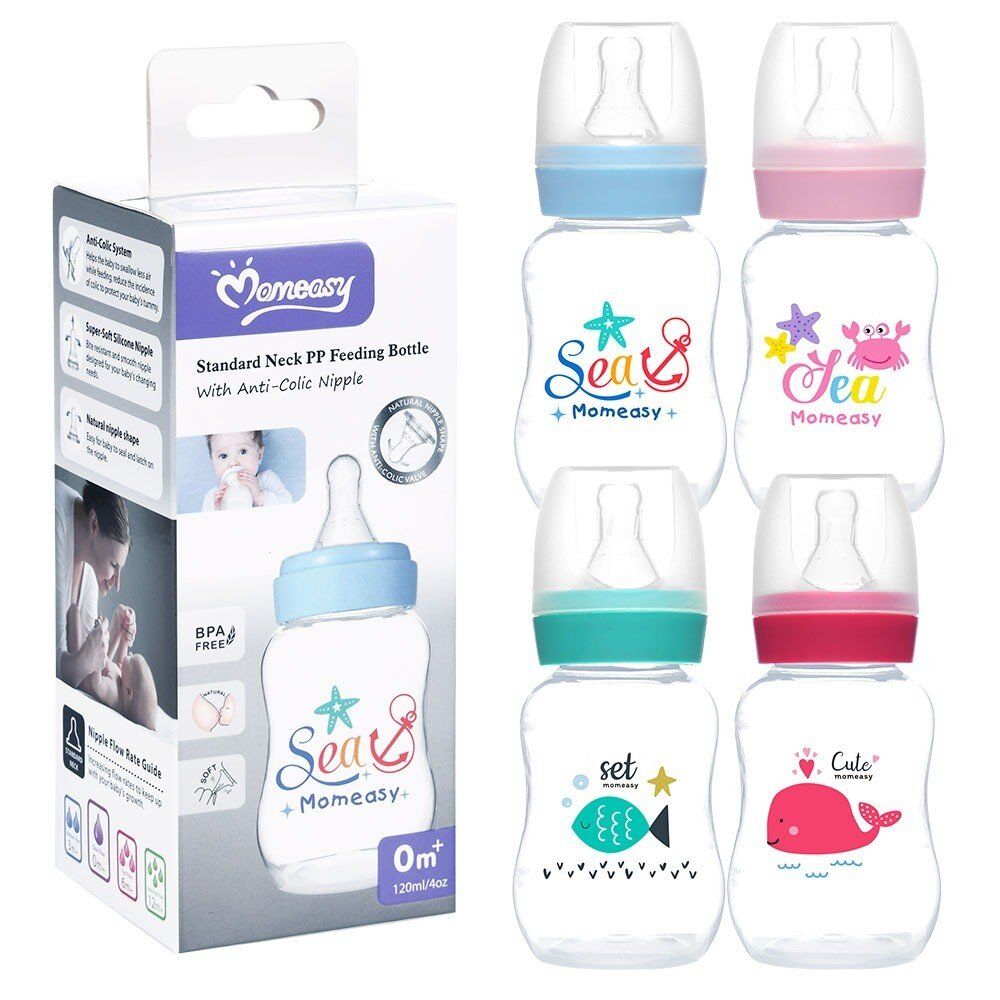 Momeasy Standard Neck Baby Feeding Bottle 120mL Anti-Colic 0m+ - Random Design and Colour Supplied Pack of 2