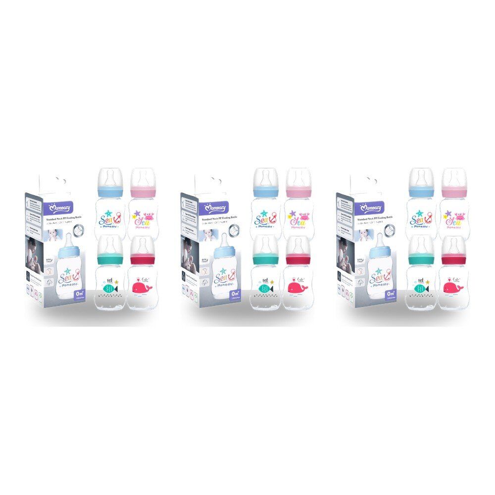 Momeasy Standard Neck Baby Feeding Bottle 120mL Anti-Colic 0m+ - Random Design and Colour Supplied Pack of 3