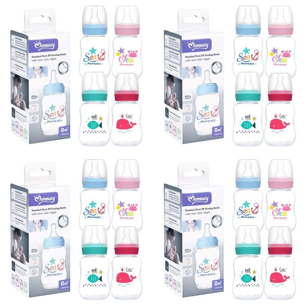 Momeasy Standard Neck Baby Feeding Bottle 120mL Anti-Colic 0m+ - Random Design and Colour Supplied Pack of 4