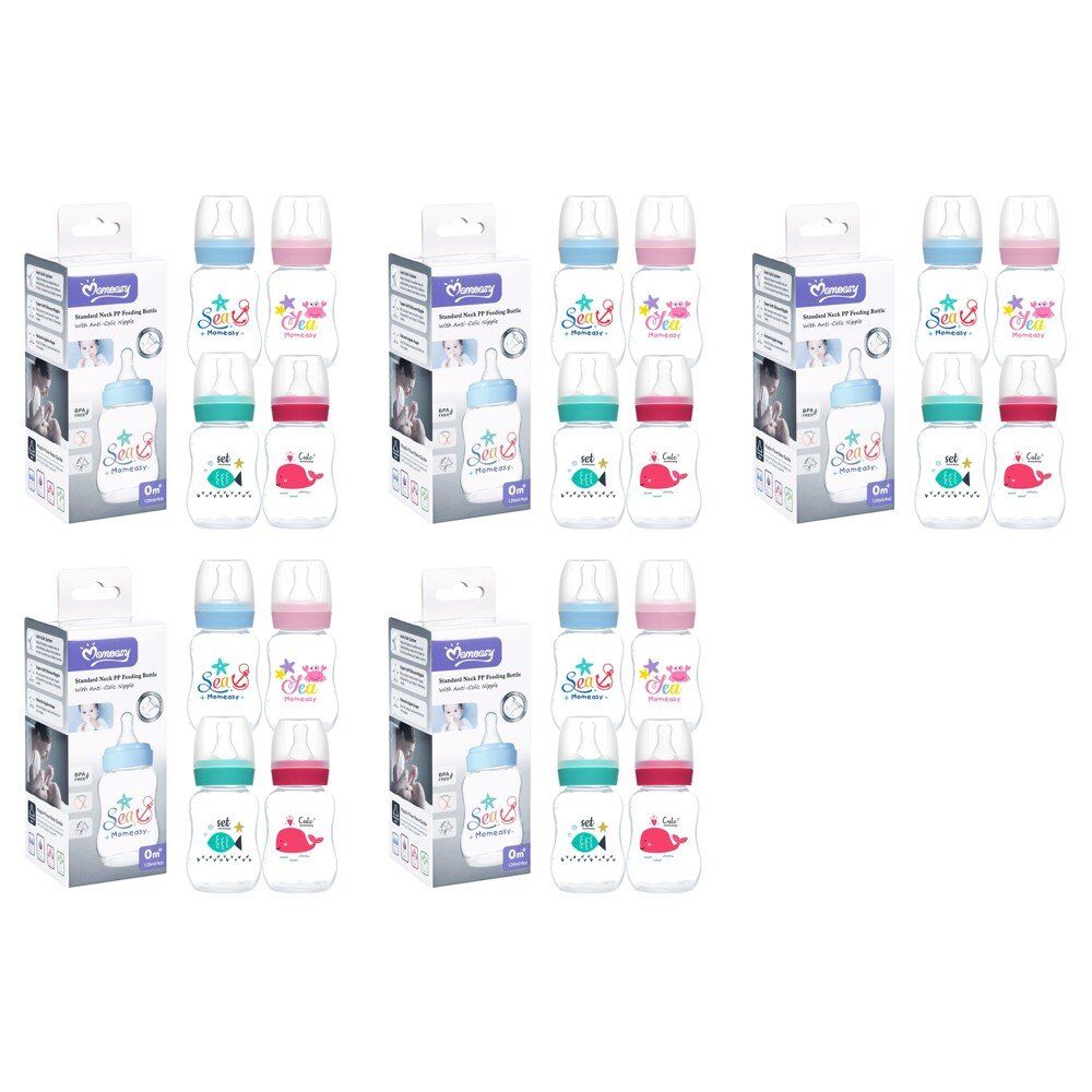 Momeasy Standard Neck Baby Feeding Bottle 120mL Anti-Colic 0m+ - Random Design and Colour Supplied Pack of 5