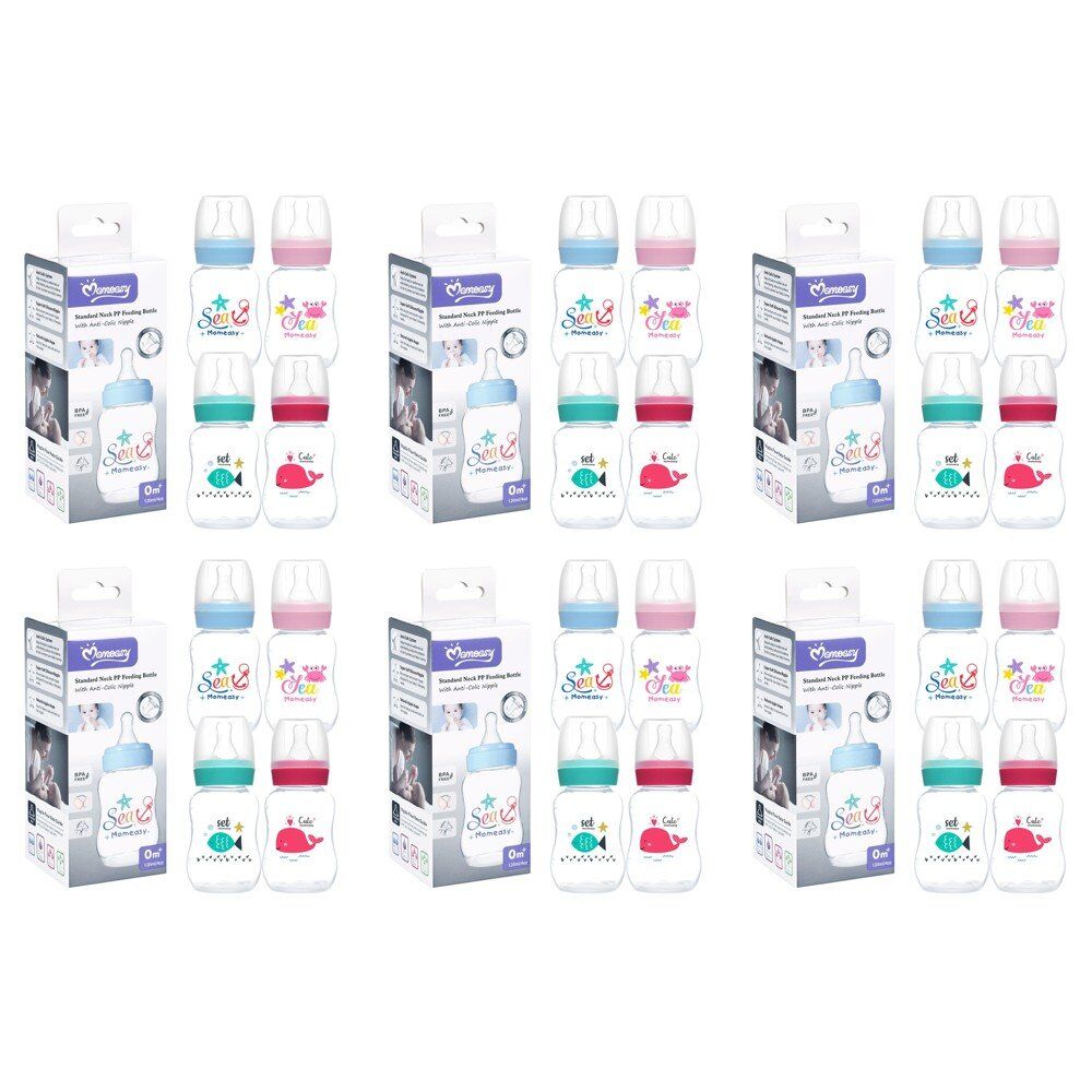 Momeasy Standard Neck Baby Feeding Bottle 120mL Anti-Colic 0m+ - Random Design and Colour Supplied Pack of 6