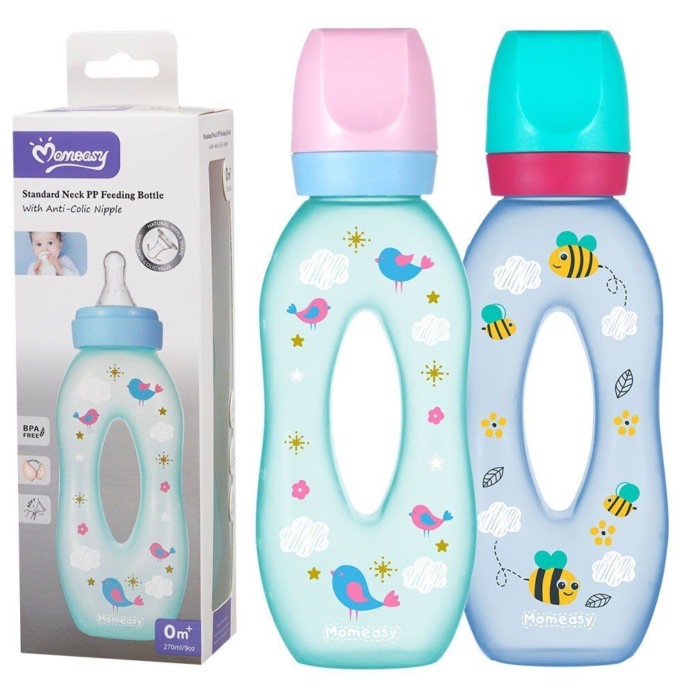 Momeasy Standard Neck Baby Feeding Bottle 270mL Easy Grip 0m+ - Random Design and Colour Supplied Pack of 4