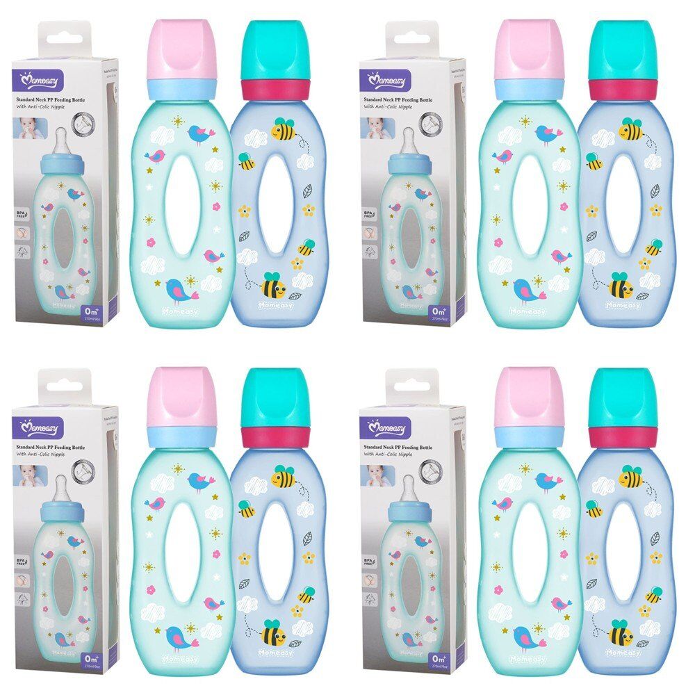 Momeasy Standard Neck Baby Feeding Bottle 270mL Easy Grip 0m+ - Random Design and Colour Supplied Pack of 4