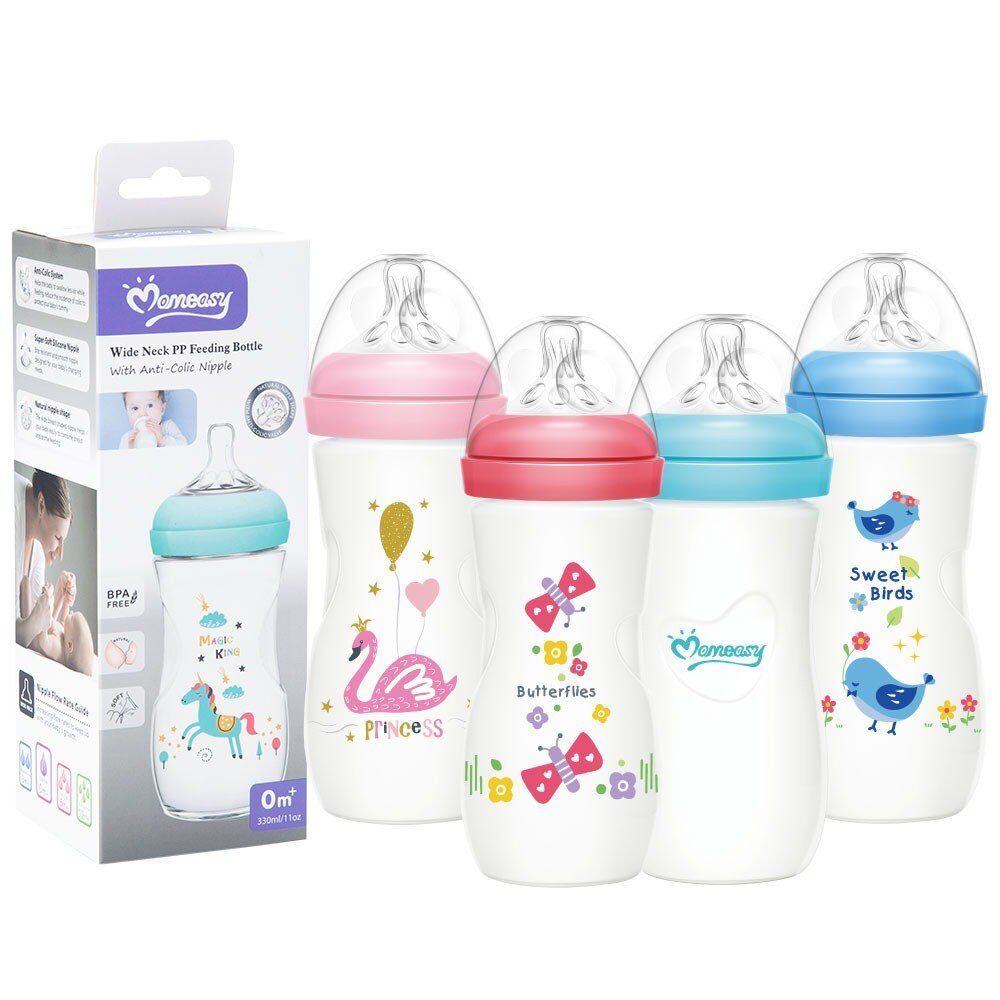 Momeasy Wide Neck Baby Feeding Bottle 330mL Anti-Colic 0m+ - Random Design and Colour Supplied Pack of 2