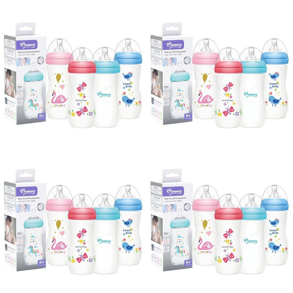 Momeasy Wide Neck Baby Feeding Bottle 330mL Anti-Colic 0m+ - Random Design and Colour Supplied Pack of 4