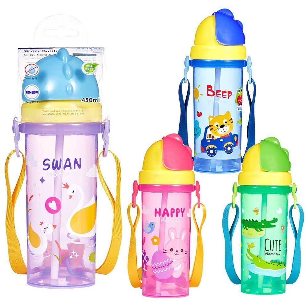 Momeasy Kids Water Bottle 450mL with Straw and Strap - Random Design and Colour Supplied Pack of 3