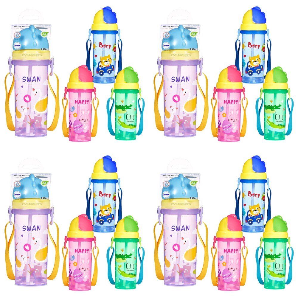 Momeasy Kids Water Bottle 450mL with Straw and Strap - Random Design and Colour Supplied Pack of 4
