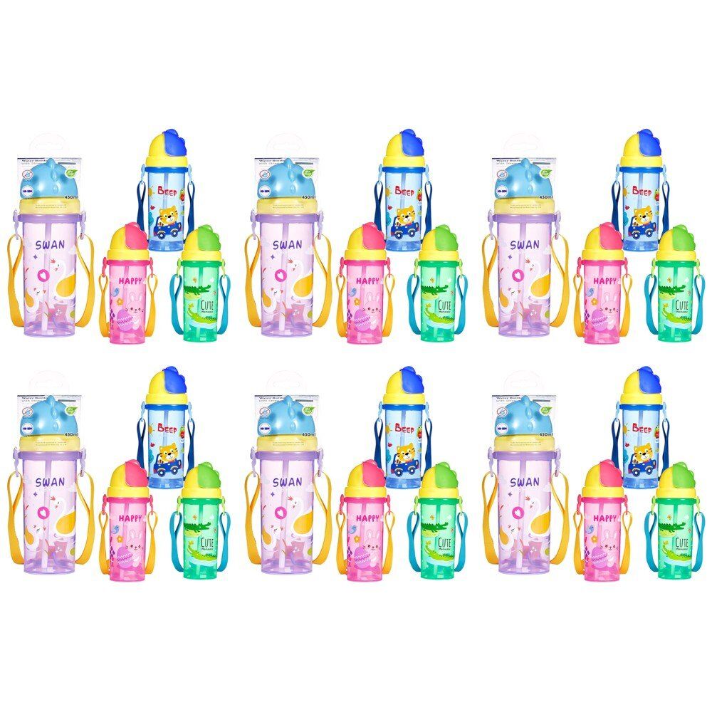 Momeasy Kids Water Bottle 450mL with Straw and Strap - Random Design and Colour Supplied Pack of 6