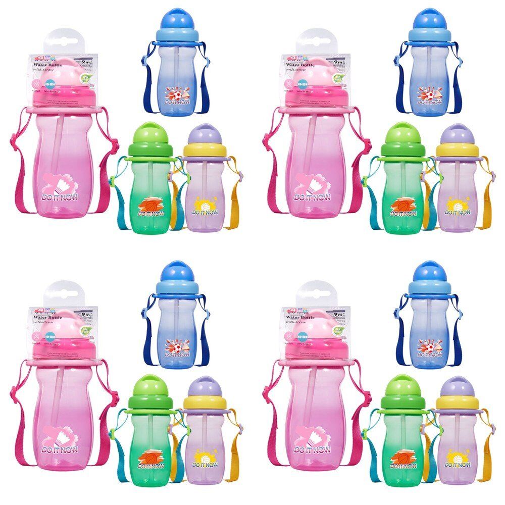 Momeasy Kids Water Bottle 410mL with Straw and Strap 9m+ - Random Design and Colour Supplied Pack of 4