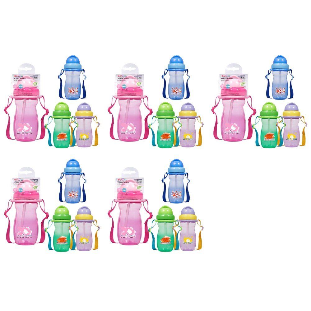 Momeasy Kids Water Bottle 410mL with Straw and Strap 9m+ - Random Design and Colour Supplied Pack of 5