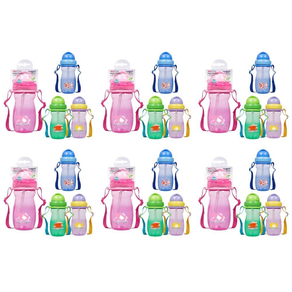 Momeasy Kids Water Bottle 410mL with Straw and Strap 9m+ - Random Design and Colour Supplied Pack of 6