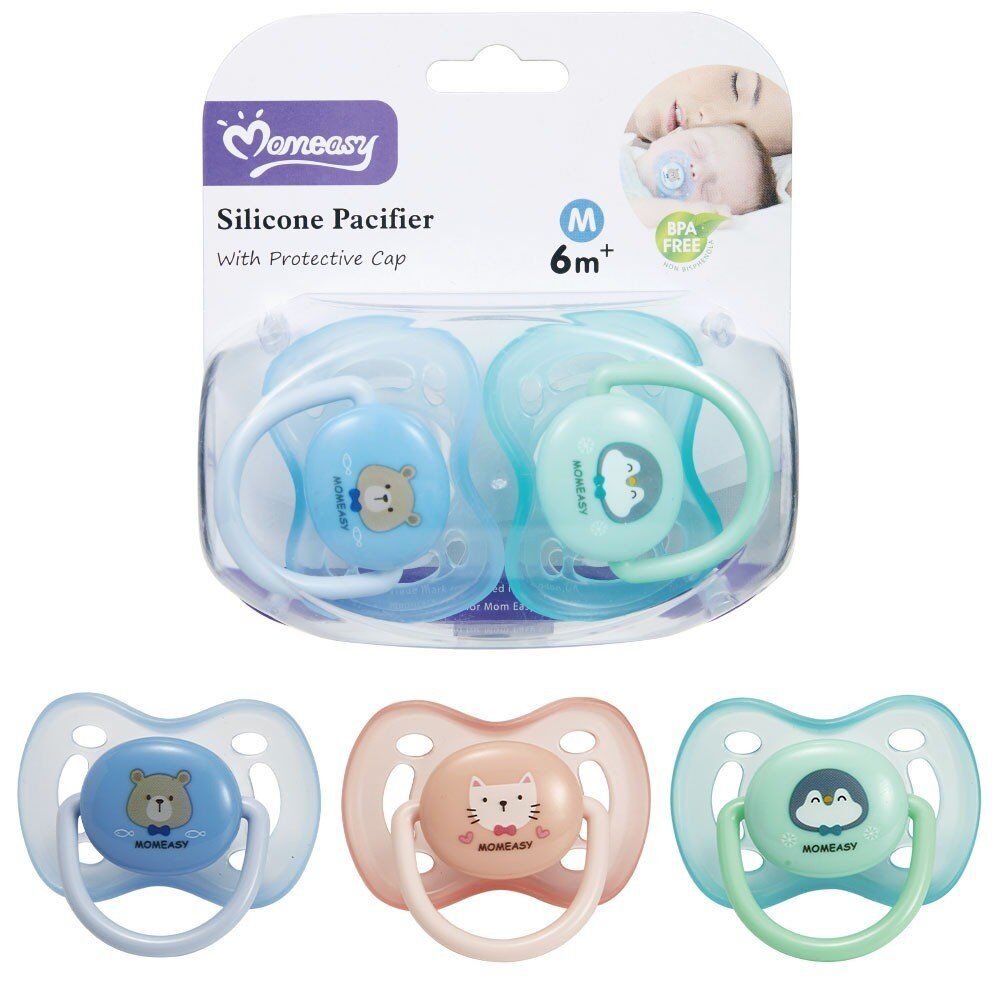 Momeasy Silicone Pacifier 2 Pack with Protective Caps 6m+ - Random Design and Colour Supplied Bundle of 5