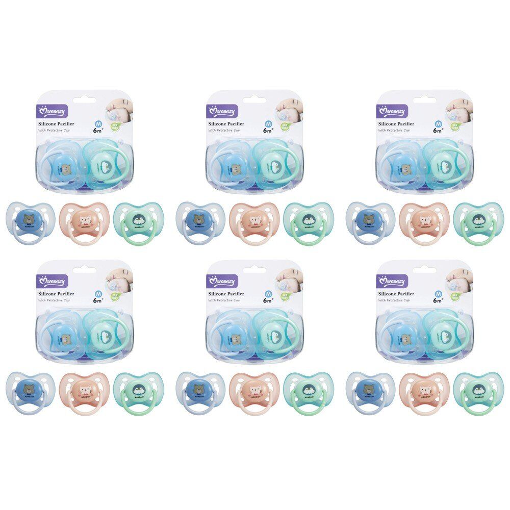 Momeasy Silicone Pacifier 2 Pack with Protective Caps 6m+ - Random Design and Colour Supplied Bundle of 6