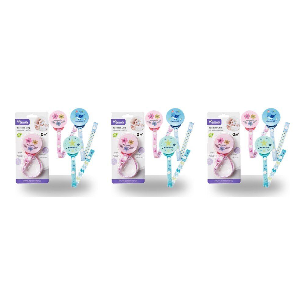 Momeasy Pacifier Clip Dummy Holder 0m+ - Random Design and Colour Supplied Pack of 3