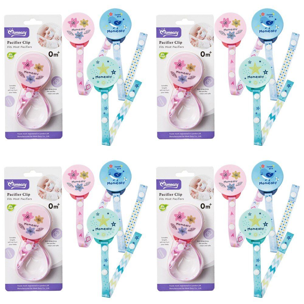 Momeasy Pacifier Clip Dummy Holder 0m+ - Random Design and Colour Supplied Pack of 4