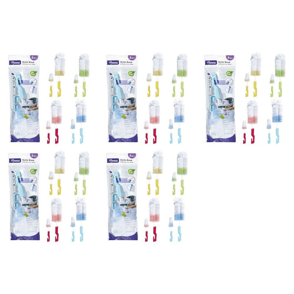 Momeasy 2 in 1 Bottle Brush Set with Teat Brush Stored Inside - Random Colour Supplied Bundle of 5
