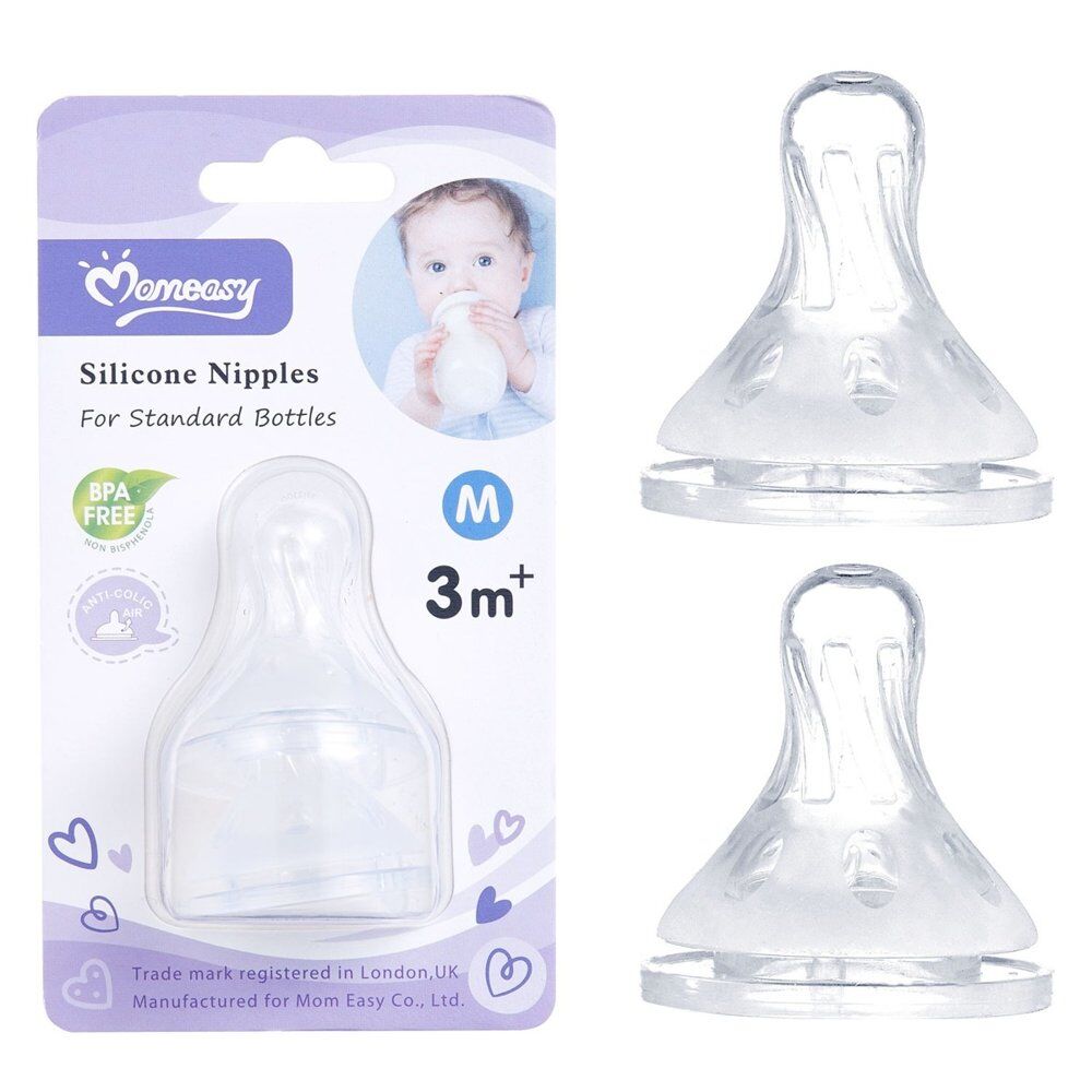 Momeasy Silicone Teats 2 Pack Standard Neck Medium Flow 3m+ Ribbed Style Bundle of 5