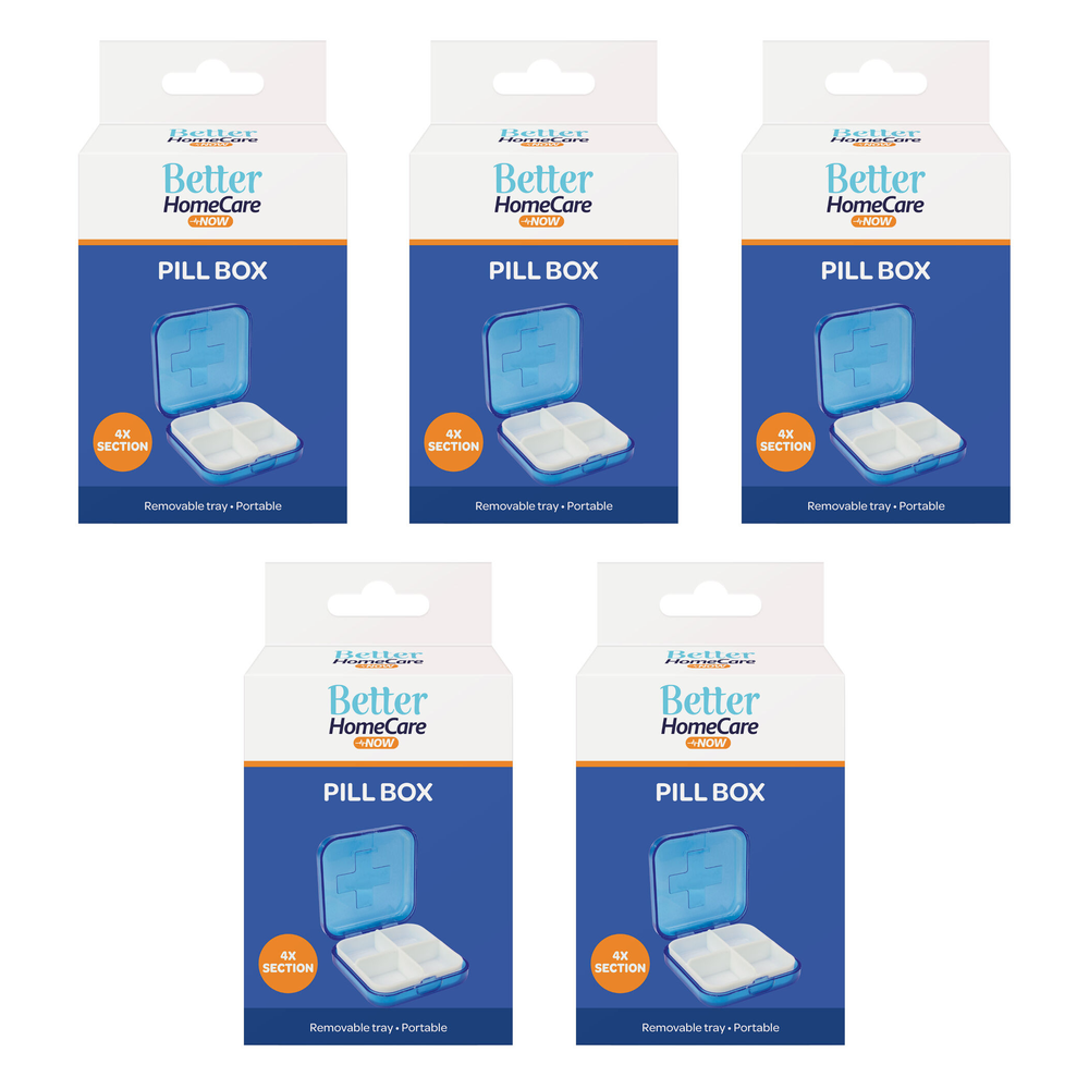 Better Home Care Now Bundle of 5 4 Compartment Pill Box 6.5 x 6.5 x 2.5 cm