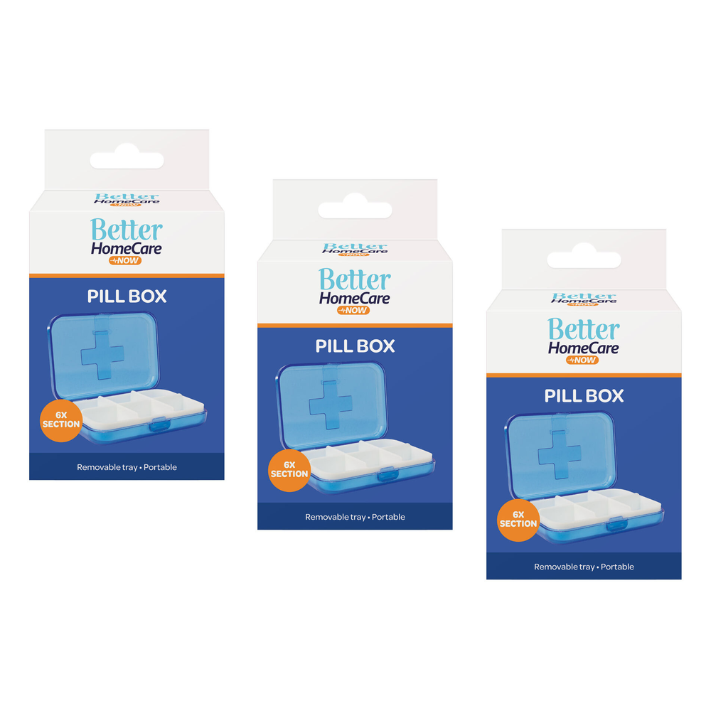 Better Home Care Now 3 Pack 6 Compartment Pill Box 9 x 6.5 x 2.5cm