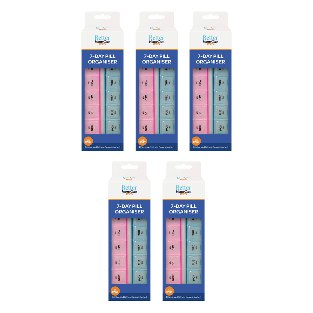 Better Home Care Now 7 Day AM PM Pill Box 14 Comp 19x6.5x2.5cm Bundle of 5