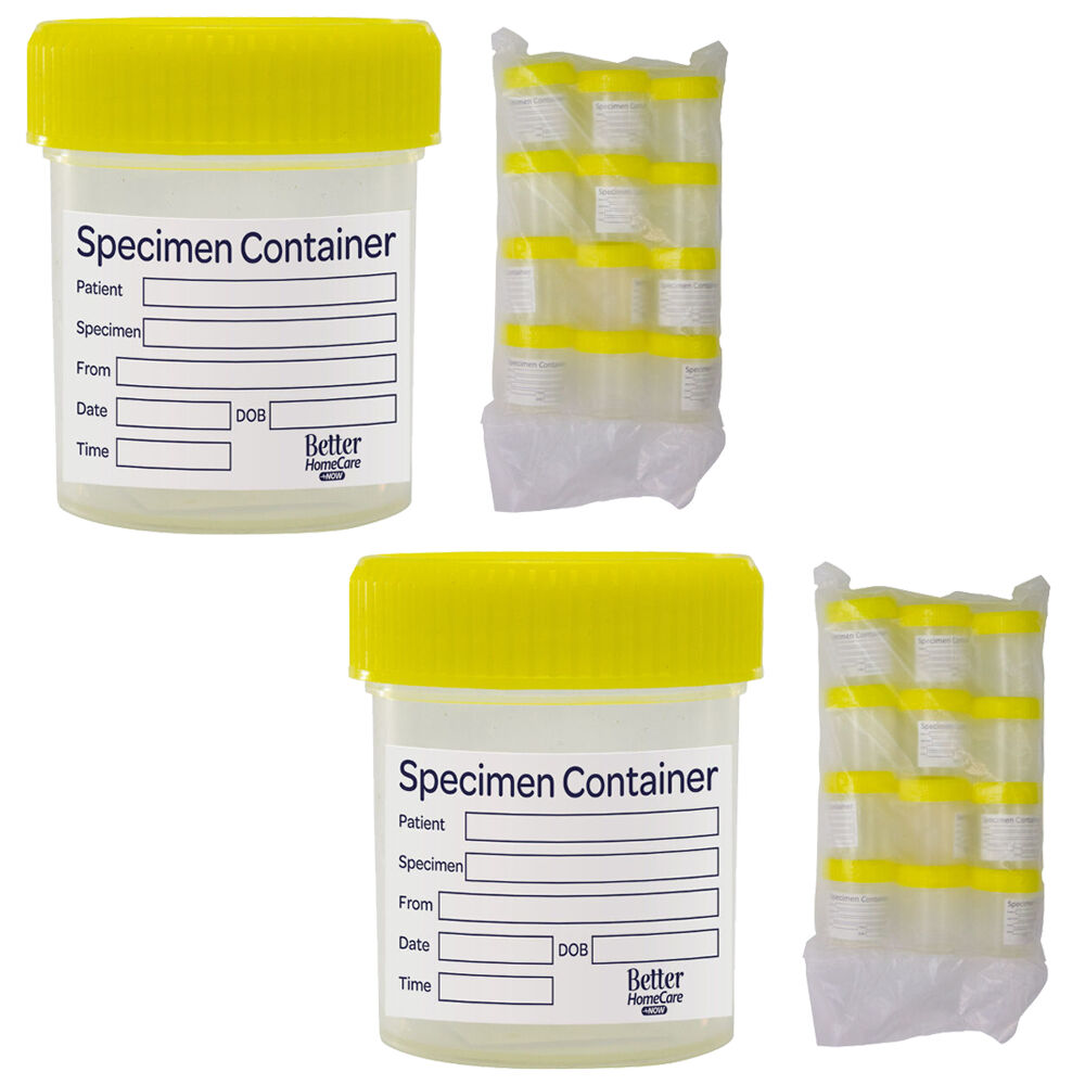 Better Homecare Now 60ml Specimen Containers 12 Pack x 2 Leak Proof Yellow Lids