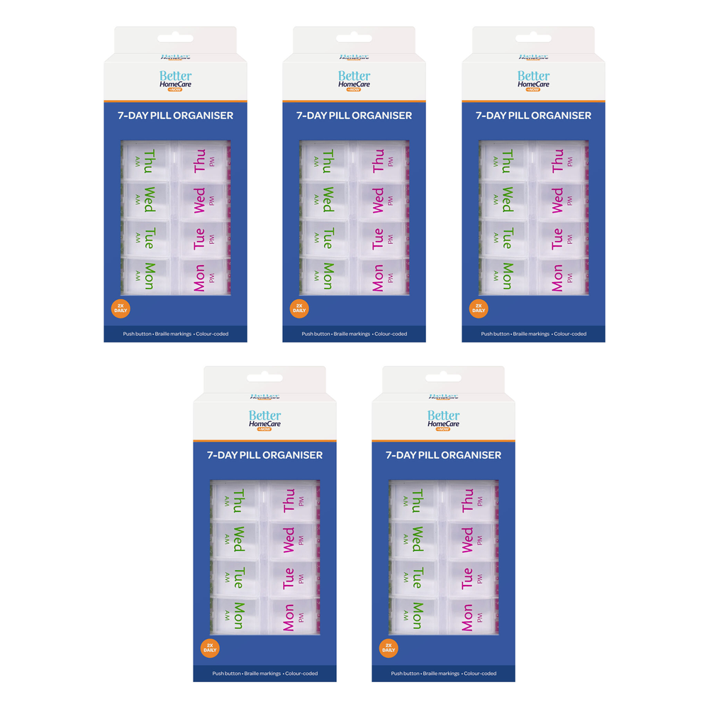 Better Homecare Now 7 Day Pill Organiser AM PM with Braille Push Buttons 5 Pack