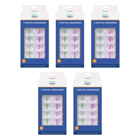 Better Homecare Now 7 Day Pill Organiser AM PM with Braille Push Buttons 5 Pack