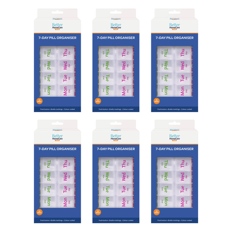 Better Homecare Now 6 Pack 7 Day Pill Organiser AM PM Braille Push Buttons
