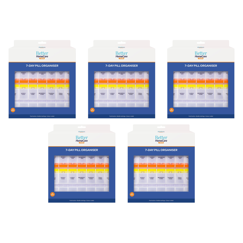 Better Homecare Now 5 Pack 7 Day Pill Organiser 4x Daily Braille Push Button