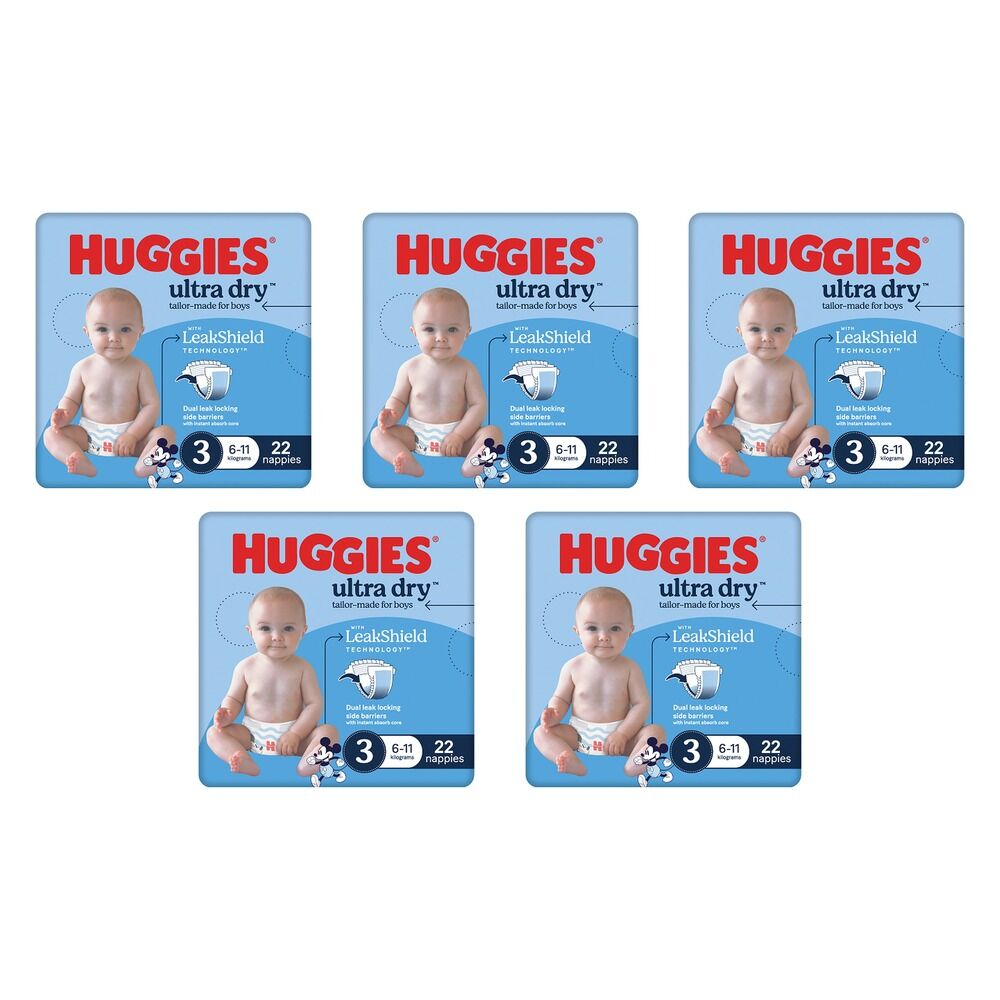 Huggies Ultra Dry Tailor-Made for Boys Size 3 22 Nappies x 4 Bundle of 5