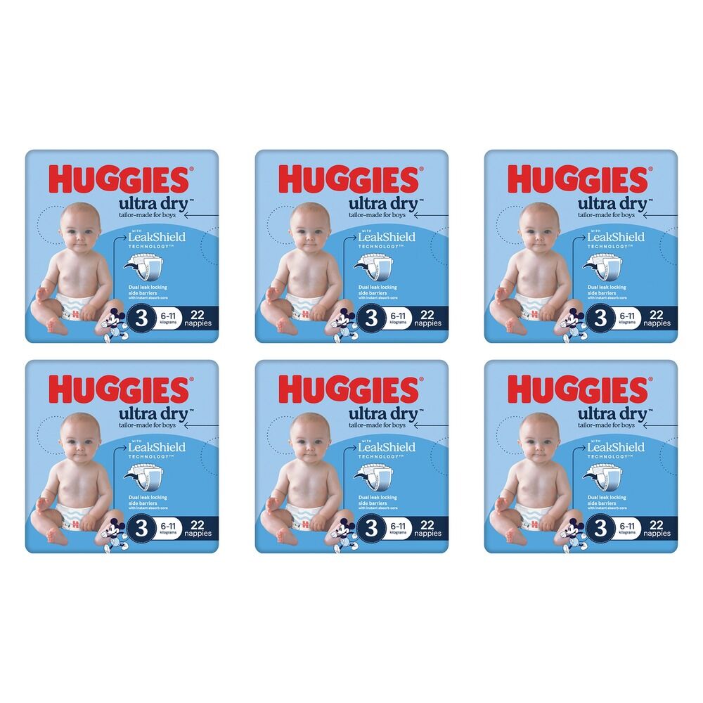 Huggies Ultra Dry Tailor-Made for Boys Size 3 22 Nappies x 4 Bundle of 6