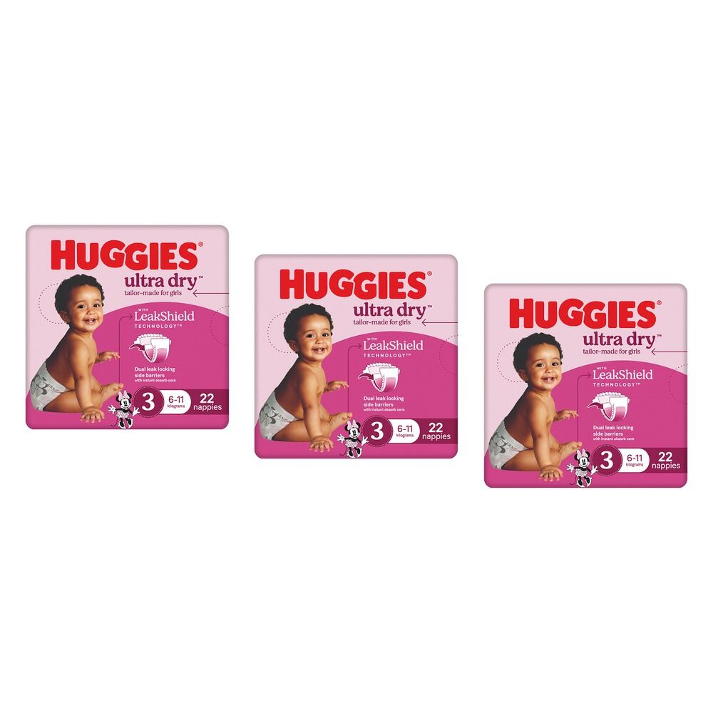 Huggies Ultra Dry Tailor-Made for Girls Size 3 22 Nappies x 4 Bundle of 3
