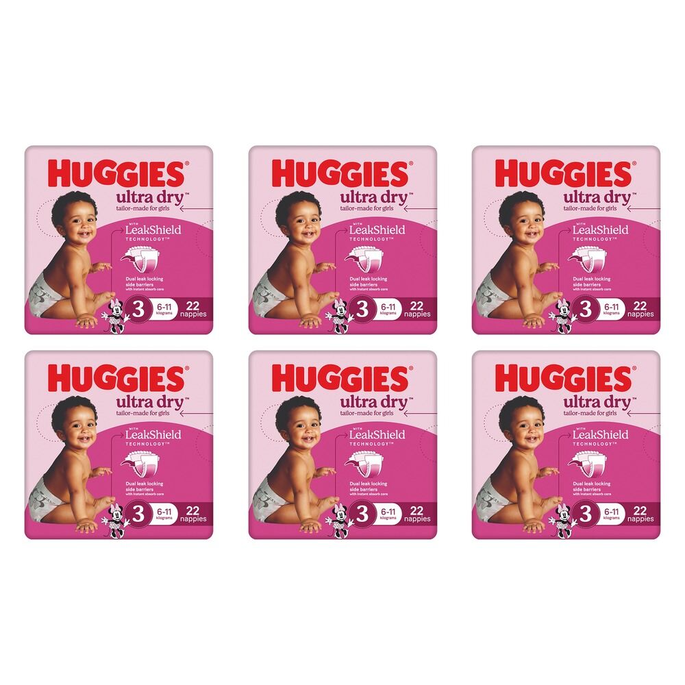 Huggies Ultra Dry Tailor-Made for Girls Size 3 22 Nappies x 4 Bundle of 6