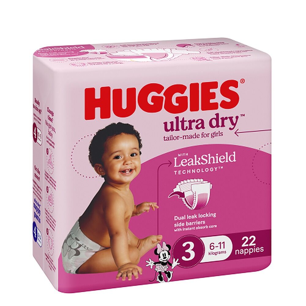 Huggies Ultra Dry Tailor-Made for Girls Size 3 22 Nappies x 4