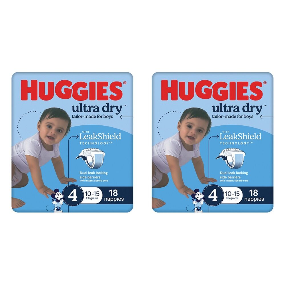 Huggies Ultra Dry Tailor-Made for Boys Size 4 18 Nappies x 4 Bundle of 2