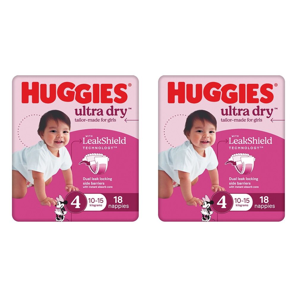 Huggies Ultra Dry Tailor-Made for Girls Size 4 18 Nappies x 4 Bundle of 2