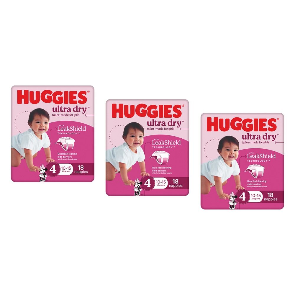 Huggies Ultra Dry Tailor-Made for Girls Size 4 18 Nappies x 4 Bundle of 3