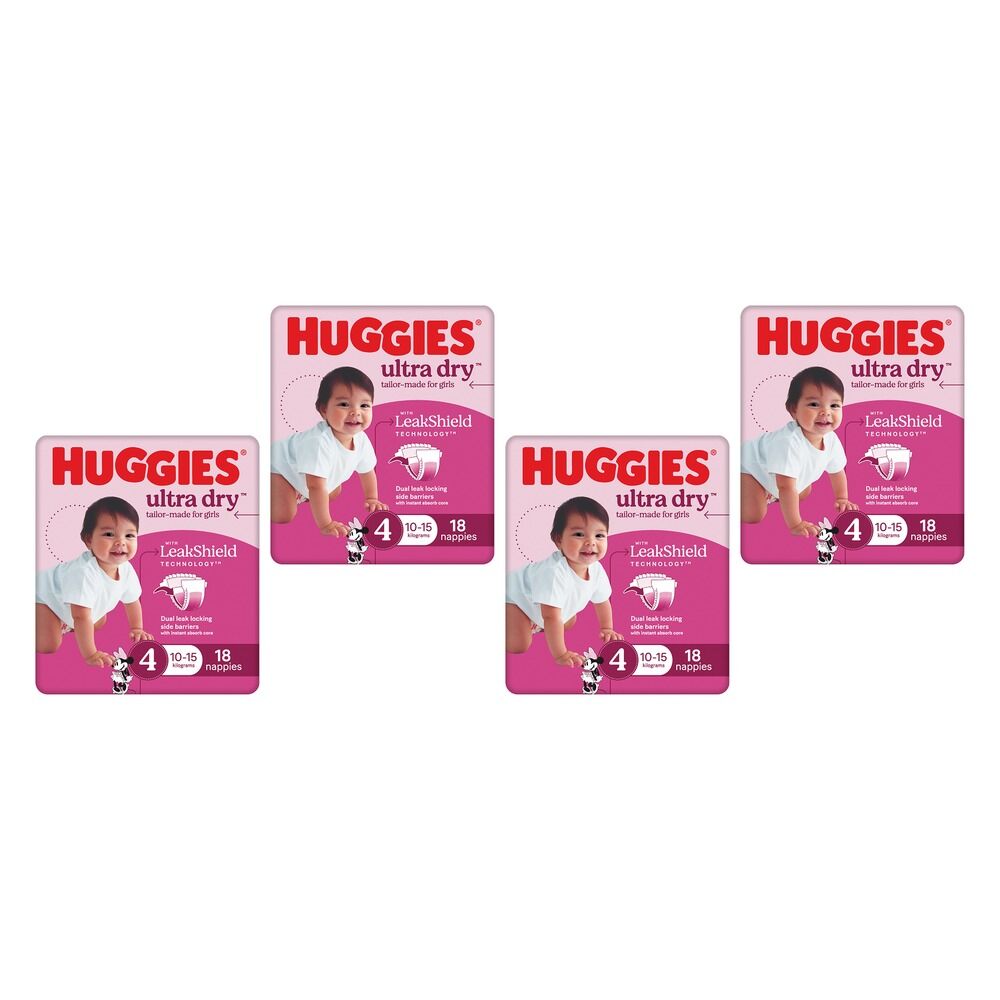Huggies Ultra Dry Tailor-Made for Girls Size 4 18 Nappies x 4 Bundle of 4