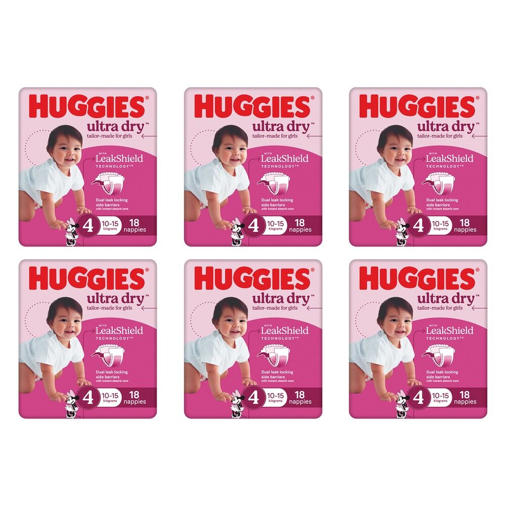 Huggies Ultra Dry Tailor-Made for Girls Size 4 18 Nappies x 4 Bundle of 6
