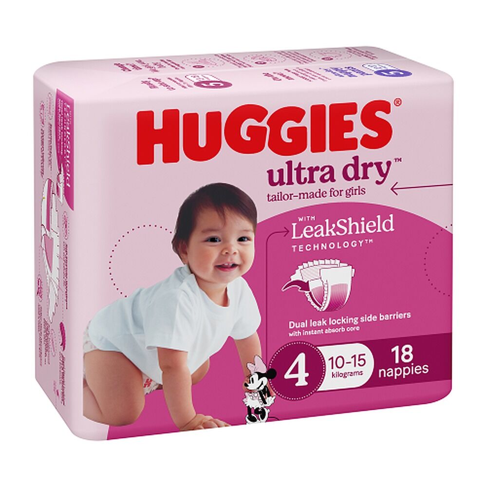 Huggies Ultra Dry Tailor-Made for Girls Size 4 18 Nappies x 4