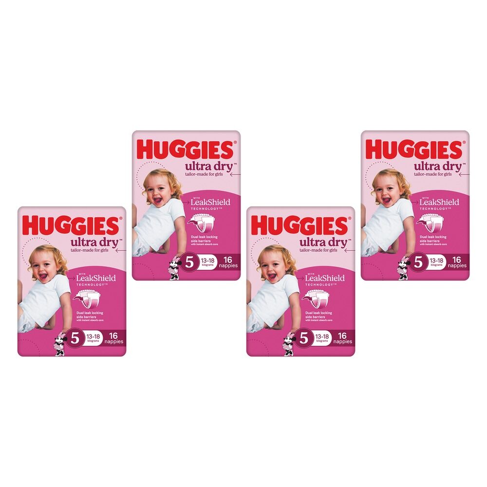 Huggies Ultra Dry Tailor-Made for Girls Size 5 16 Nappies x 4 Bundle of 4