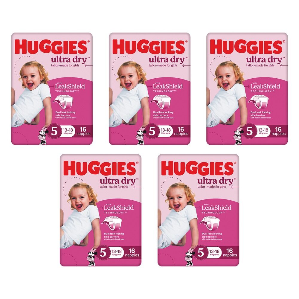 Huggies Ultra Dry Tailor-Made for Girls Size 5 16 Nappies x 4 Bundle of 5