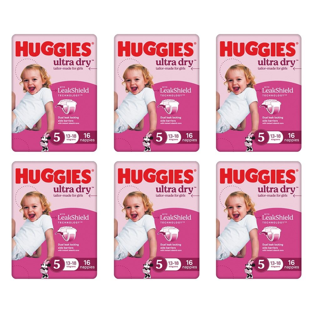 Huggies Ultra Dry Tailor-Made for Girls Size 5 16 Nappies x 4 Bundle of 6